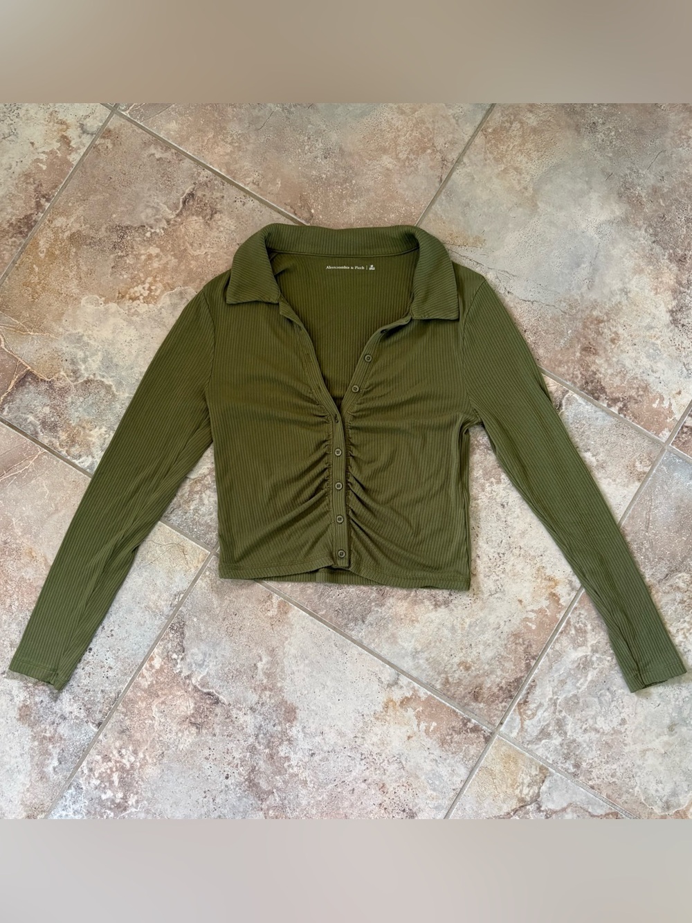 Abercrombie Olive Green Ribbed Long Sleeve Button Crop Top Medium Collar Retro